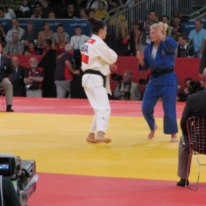 Kayla Harrison winning her third match against the Brazilian to make it into the Olympic final to win USA Judo's first ever gold medal