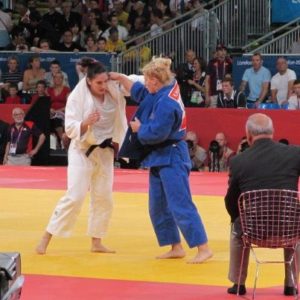 Kayla Harrison winning her second match against the Hungarian, the only player who scored on her that day.