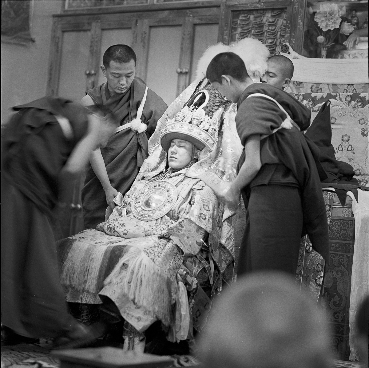 The Medium (known in Tibet as the Kuten) preparing to go into trance in order to ‘channel’ the protector spirit of the Tibetan people known as the Nechung Oracle.