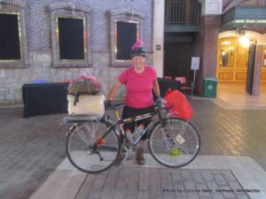 My bike loaded down with all the display booth gear. Tell PCORI that advocates deserve more than selling T-shirt to eat.