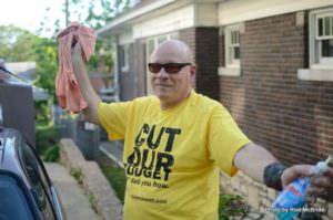 Edward Duff from NAMI Missouri, wearing "Cut our Budget, We'll tell you how." The back promotes peer services. #NAMIcon16