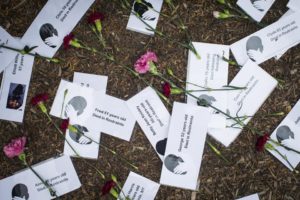 Globe Photo of Placards and Flowers