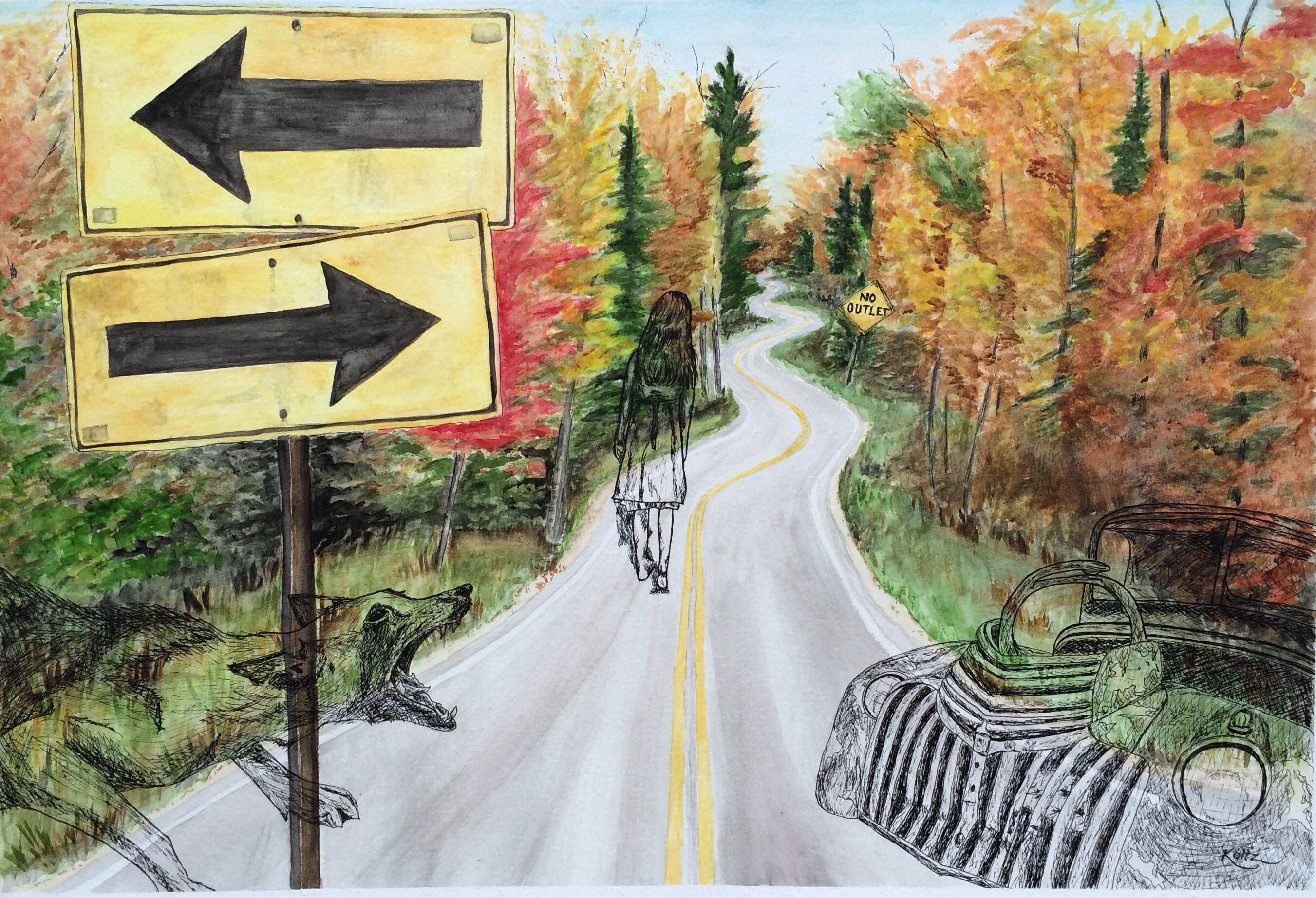 Two street signs with arrows pointing opposite directions in foreground. Background is windy road up a forest, with a person walking up