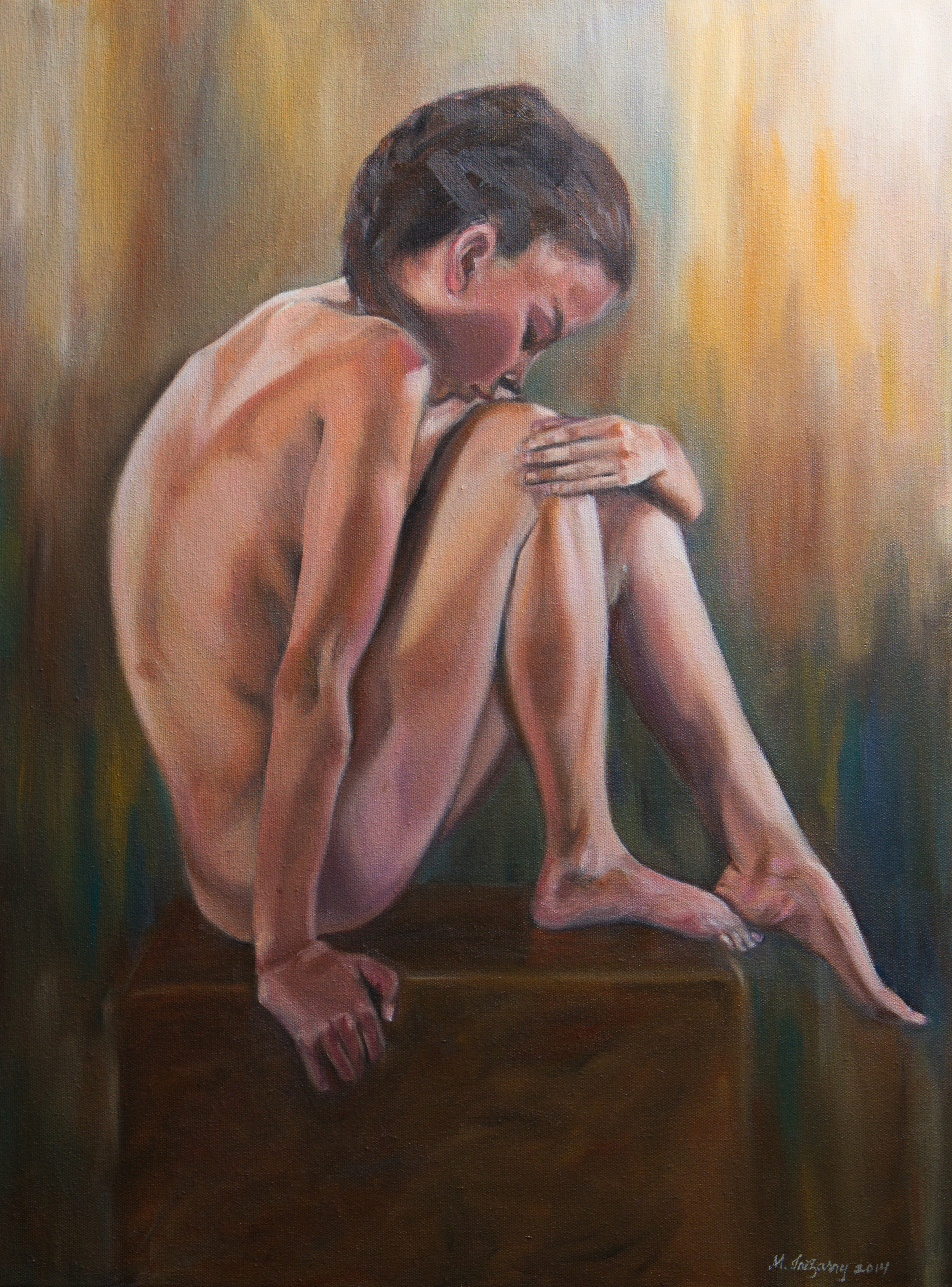 Naked person sitting on a stool with their knees pulled close to their chest, orange and blue multicolored background