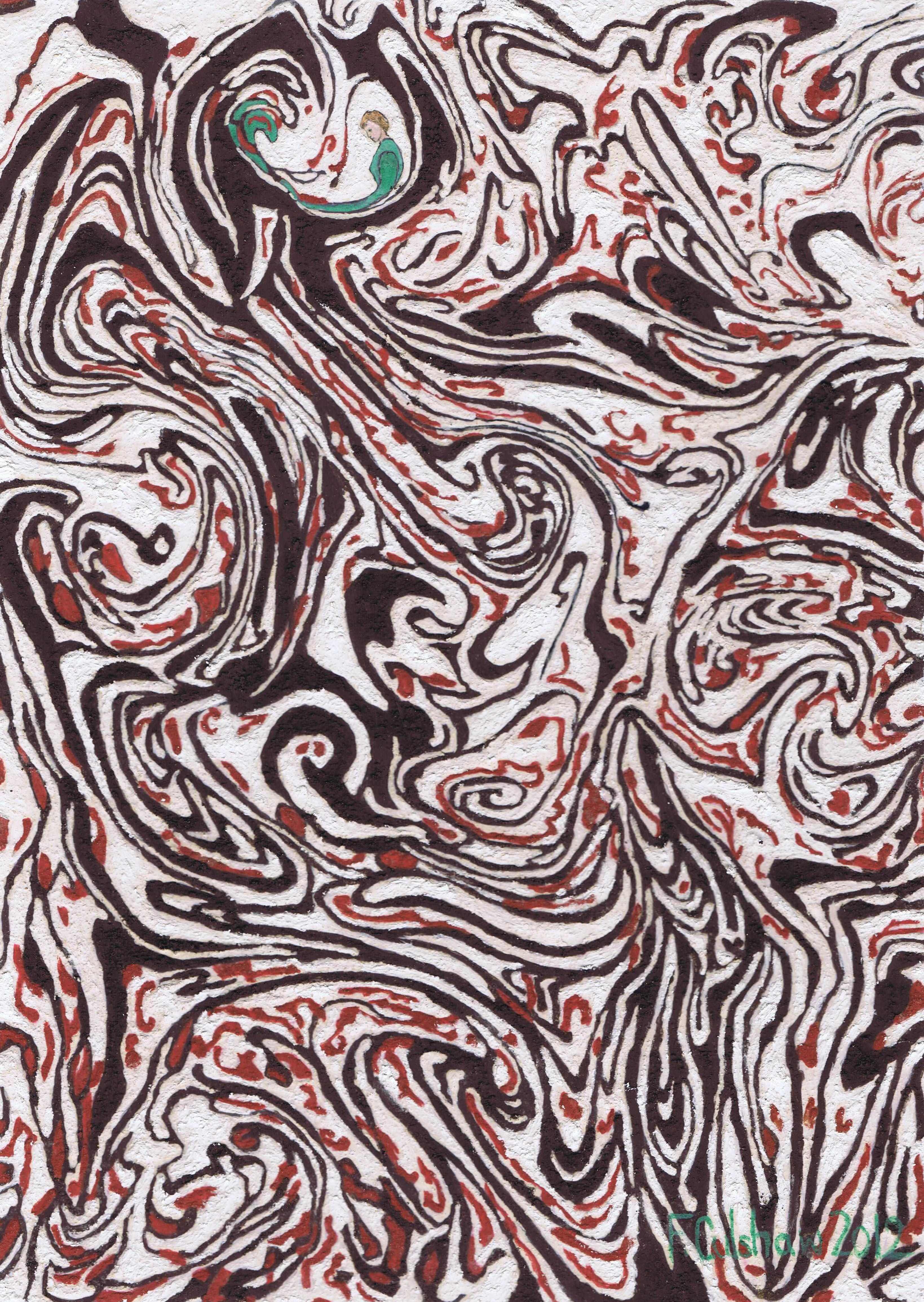 Red, white, and brown swirl pattern with small green person inside one swirl