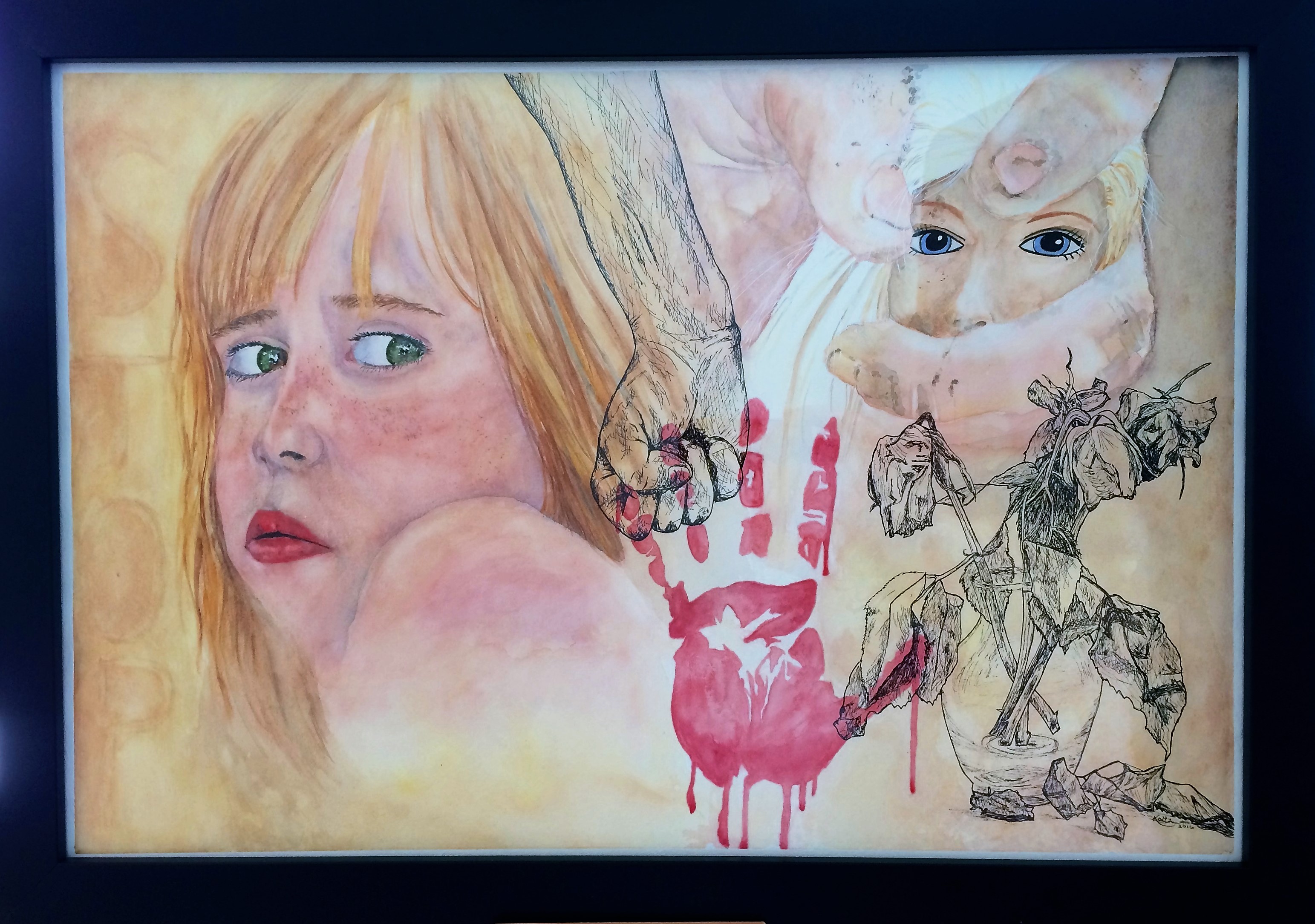 Collage of a red hand print, a young blonde person, someone in the background, and a black fist