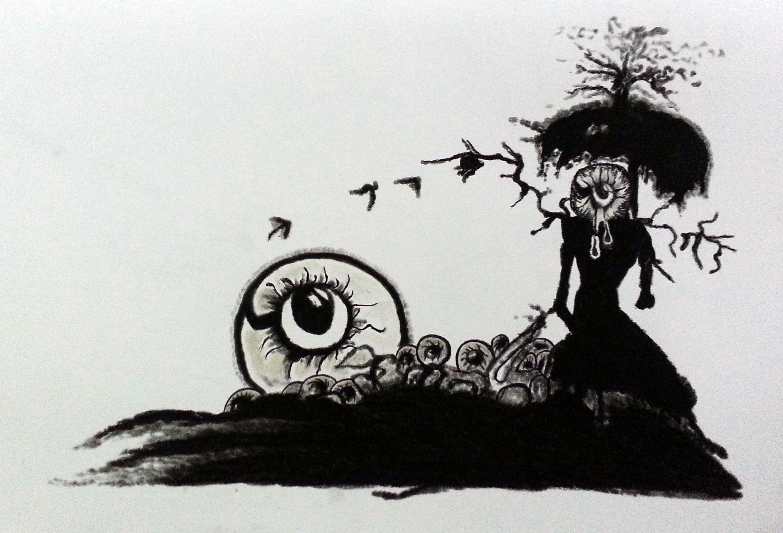 A black ink illustration of a character with one eye in its head and an eye in a circle.