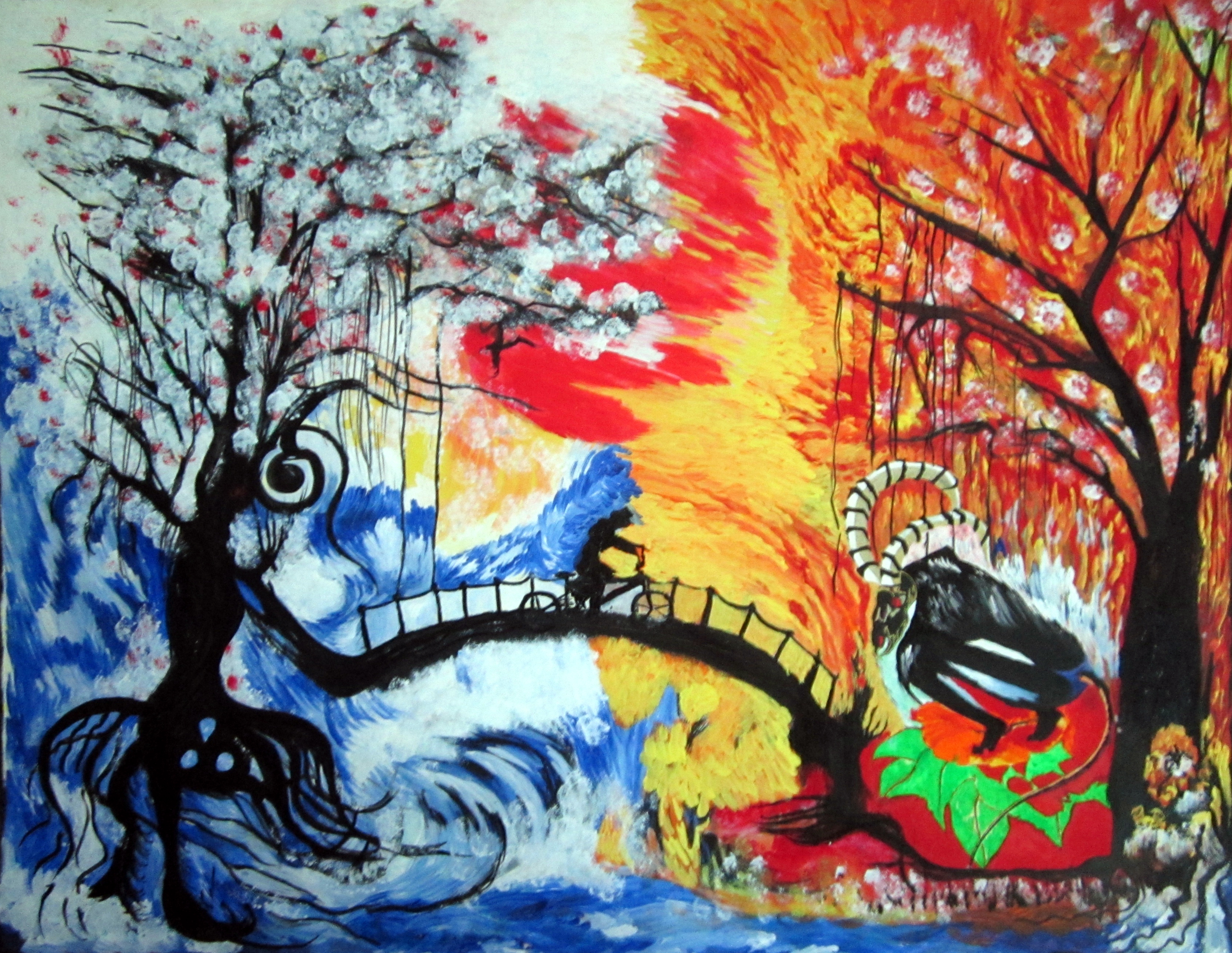 Half red and half Blue painting with a tree on either side in different stages of its life cycle, a bridge between the two