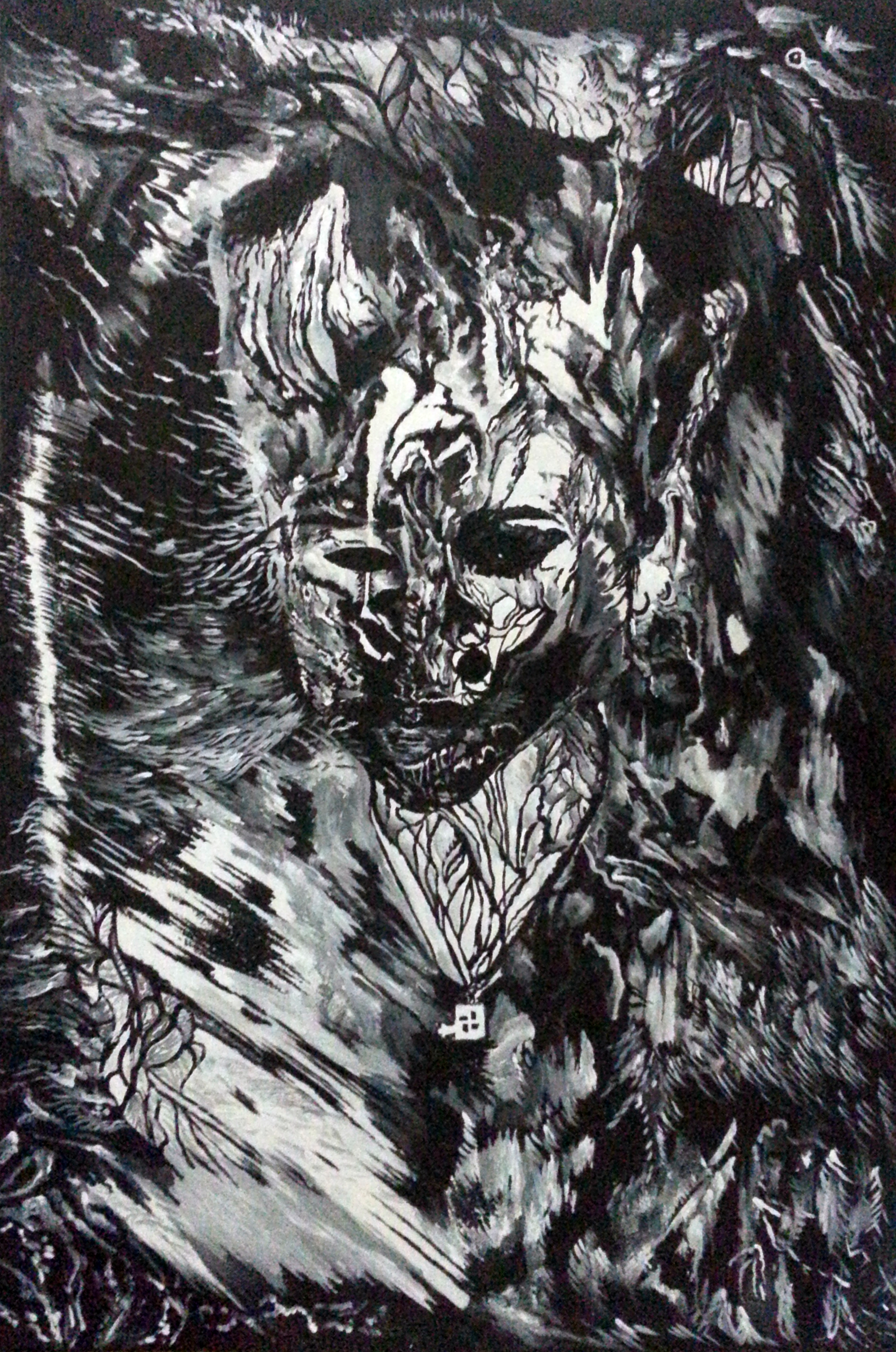 Acrylic black and white painting of a distorted face