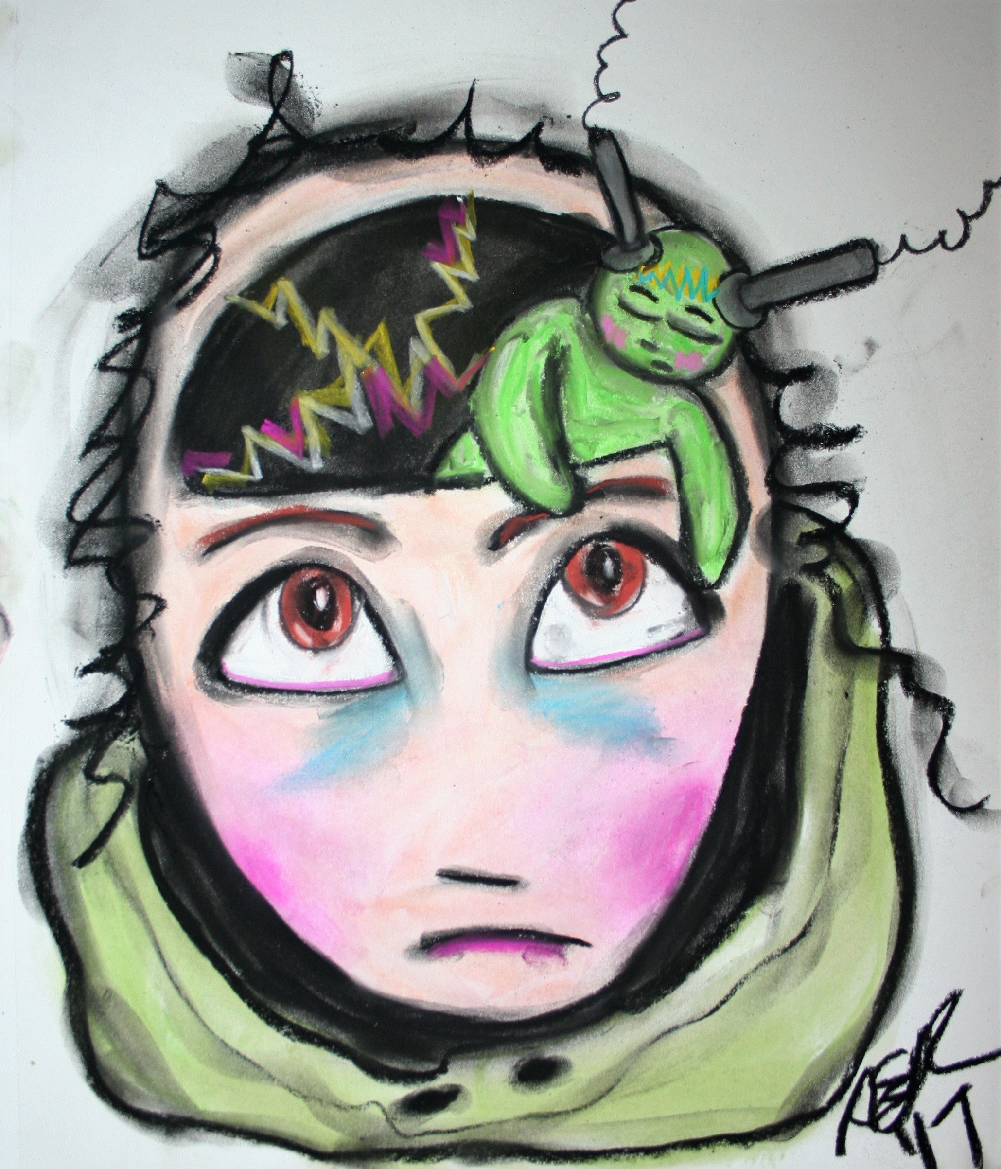 A cartoon, drawn in a graffiti like style, person with an alien coming out of her head.