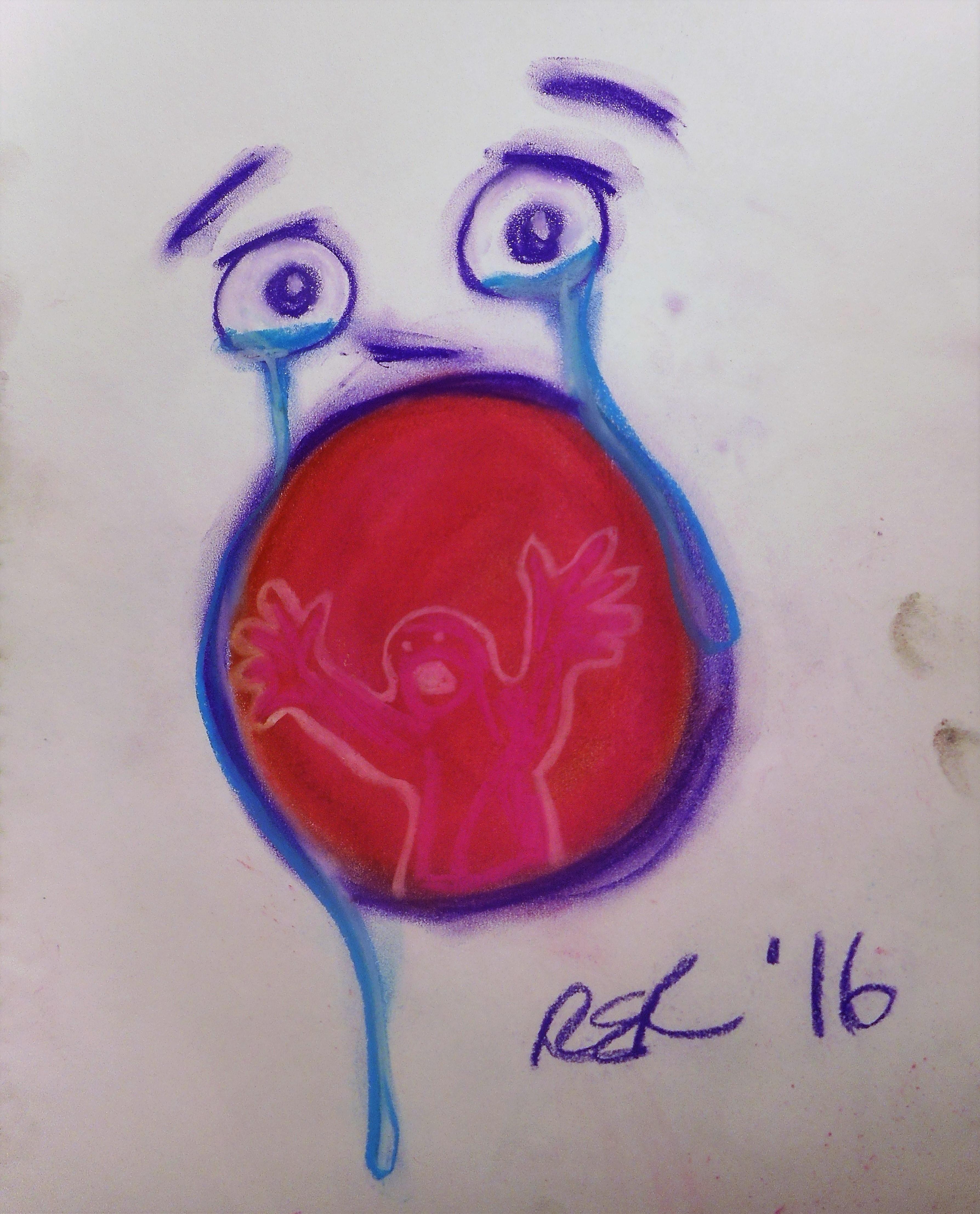 Red circle with two blue and purple eyes coming out of the top