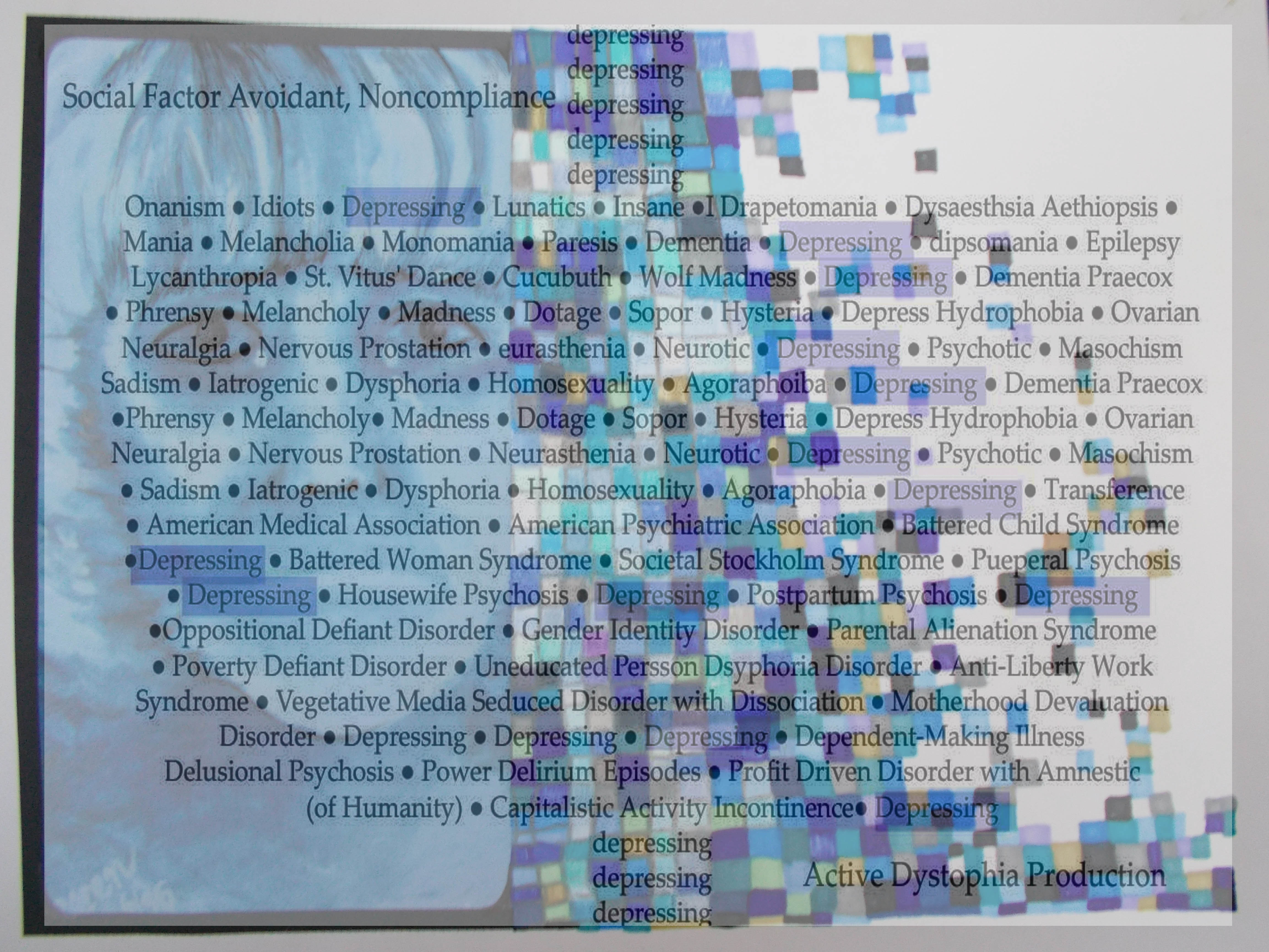 Blue face of a person next to tile pattern of shades of blue with psychiatric terms overlaying the image, "depressing" highlighted