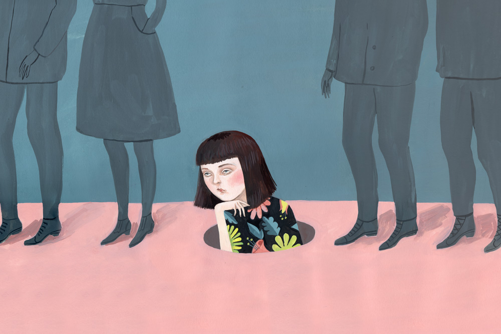Painting of a person with short brown hair halfway in a hole in the ground, in a line of gray people