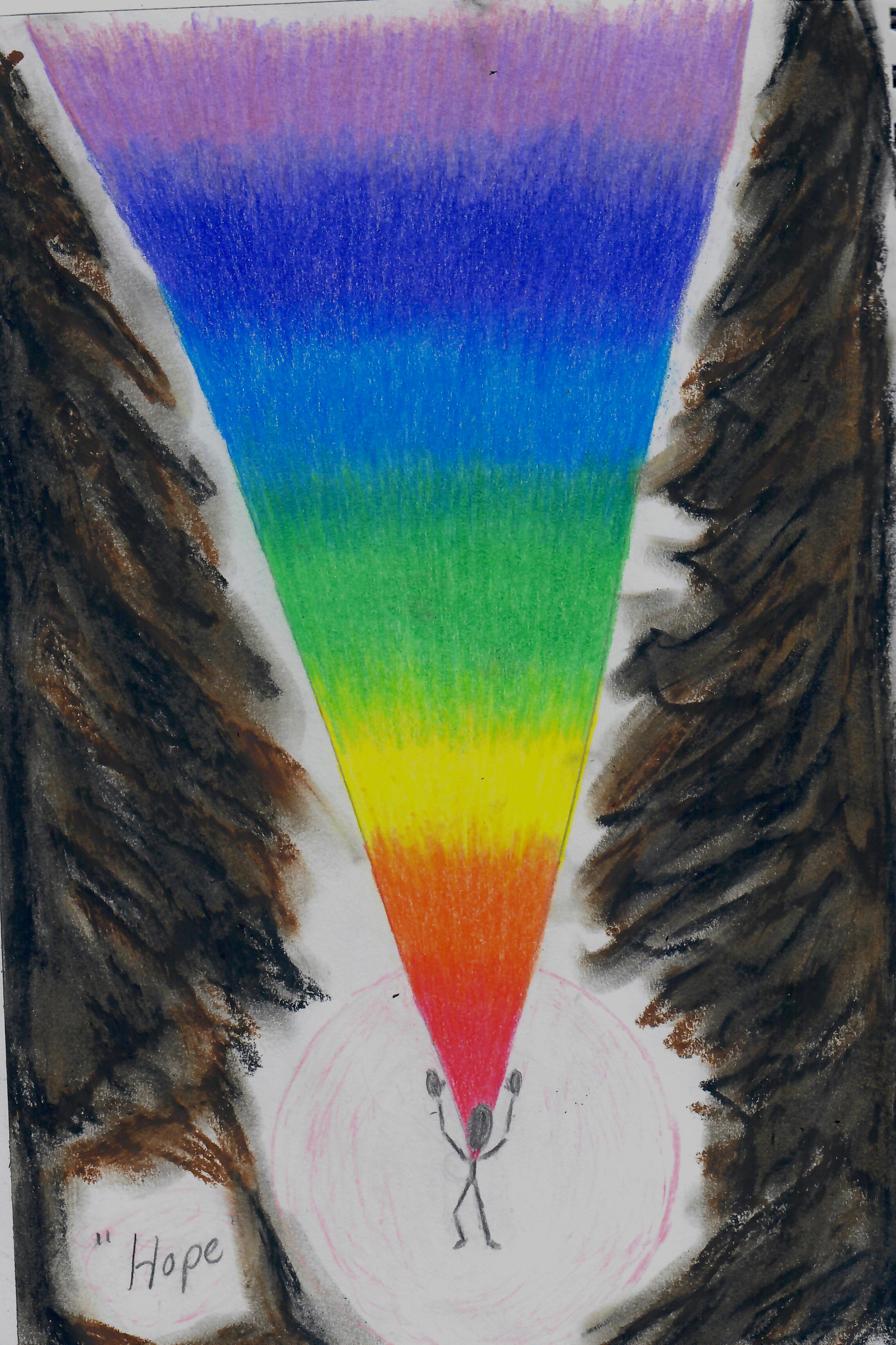 Person with rainbow coming up from self onto most of page, dark trees on either side, the word "hope" on bottom left