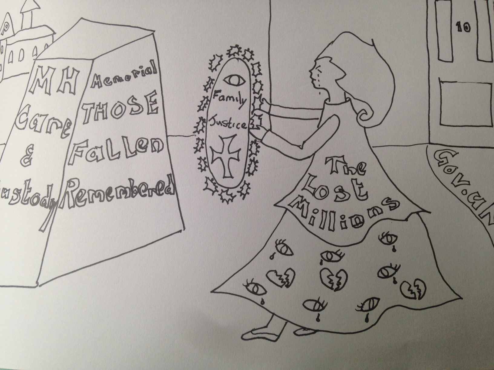 A cartoon drawing of a woman laying a wreath on a memorial for people lost to psychiatry