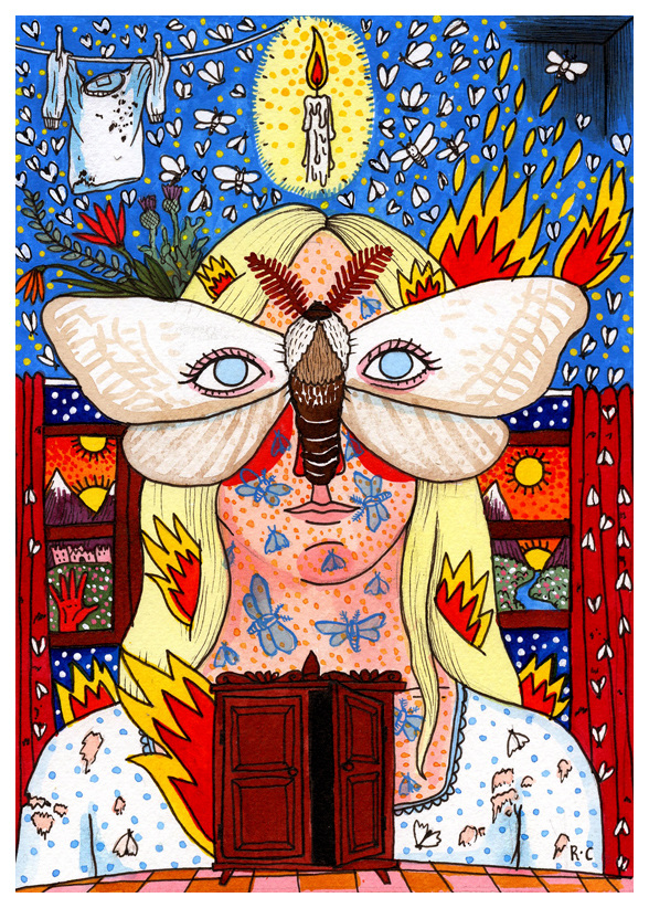 Blonde haired person with large moth covering their face with vivid colored bugs, fires, a shirt and a candle in the background