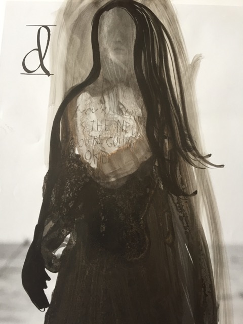 Outline of a person with long, black hair and a lowercase "d" in the top left