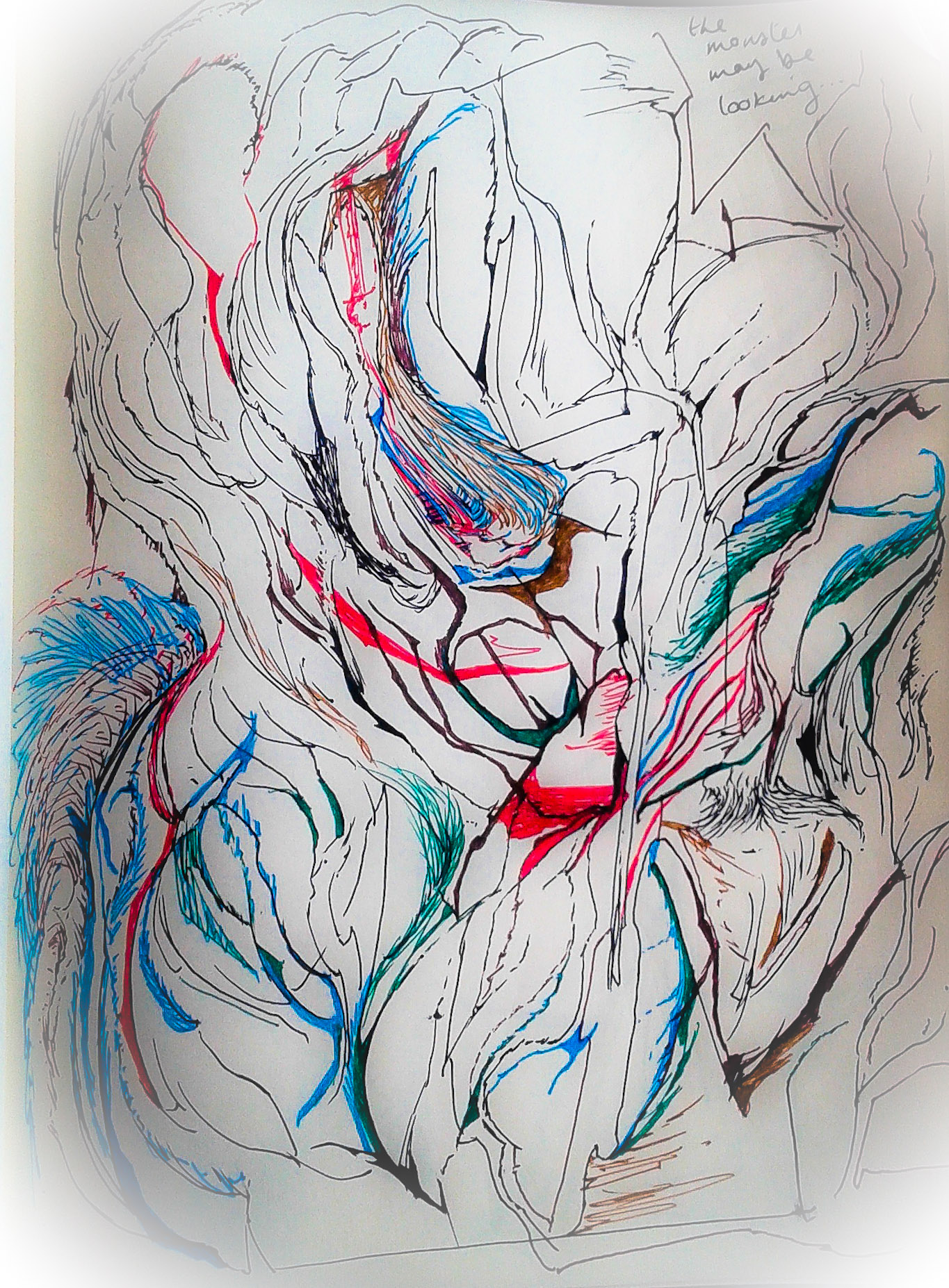 Thin black, blue, green, and red lines in a pattern