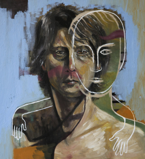 Person next to a white outline of a person, hands coming down the shoulders, dull light blue background