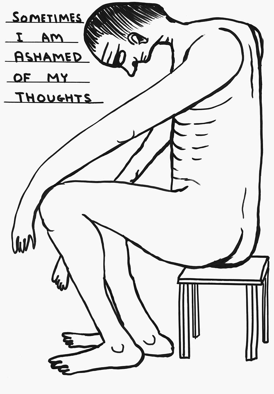 Naked person hunched over on a chair with the words "sometimes I am ashamed of my thoughts"