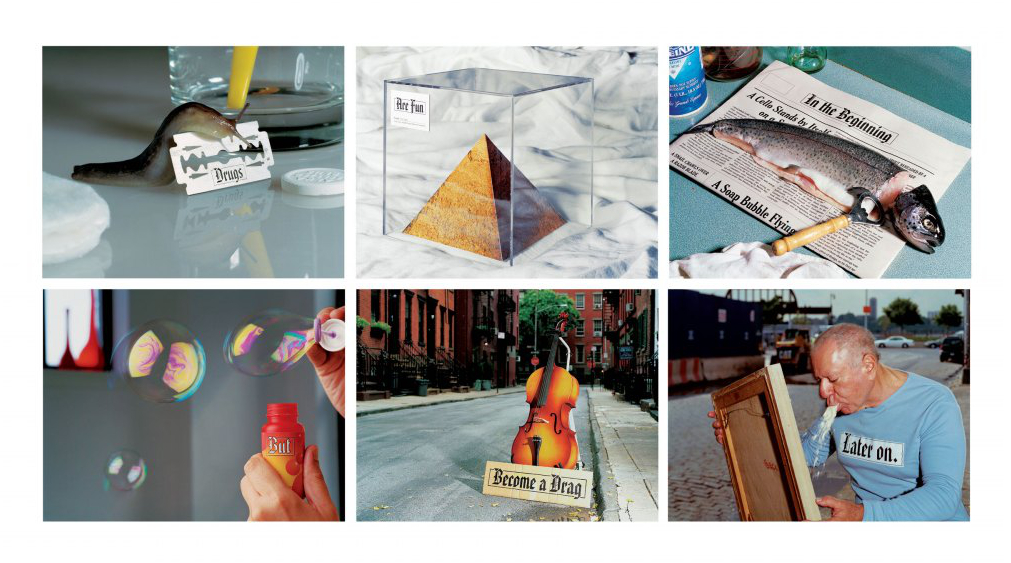 6 images (3X2). 1) slug on a razor 2) pyramid in a shadow box 3)newspaper with a cut trout on it 4) bubbles being blown 5)a cello in a city street 6)man puking onto a canvas