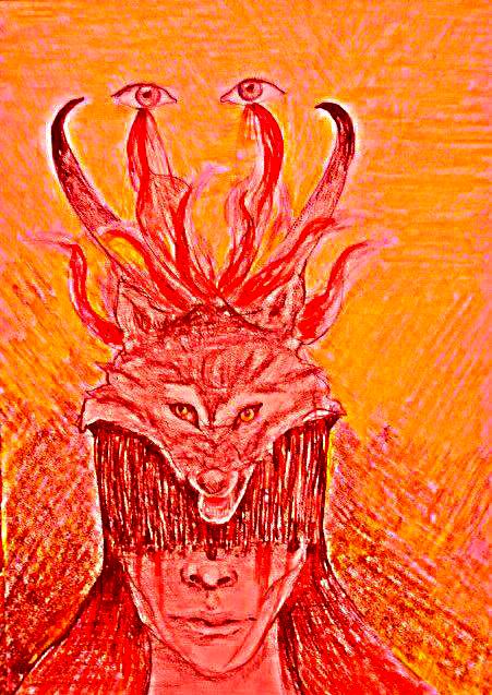 A painting of a woman in red with a headdress of a wolf