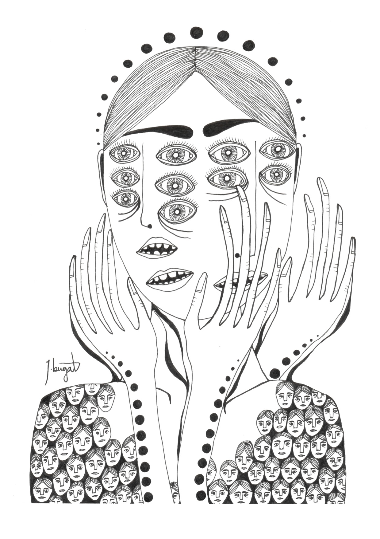 Thin black line drawing of a face with 5 sets of eyes, three mouths, two noses, and three hands.
