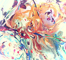 Orange, purple, red, and some blue, gray, and green swirled onto canvas