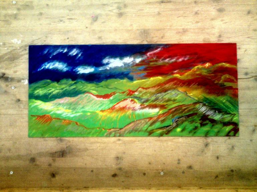 A colorful painting of a landscape with green hills and a blue and red sky.