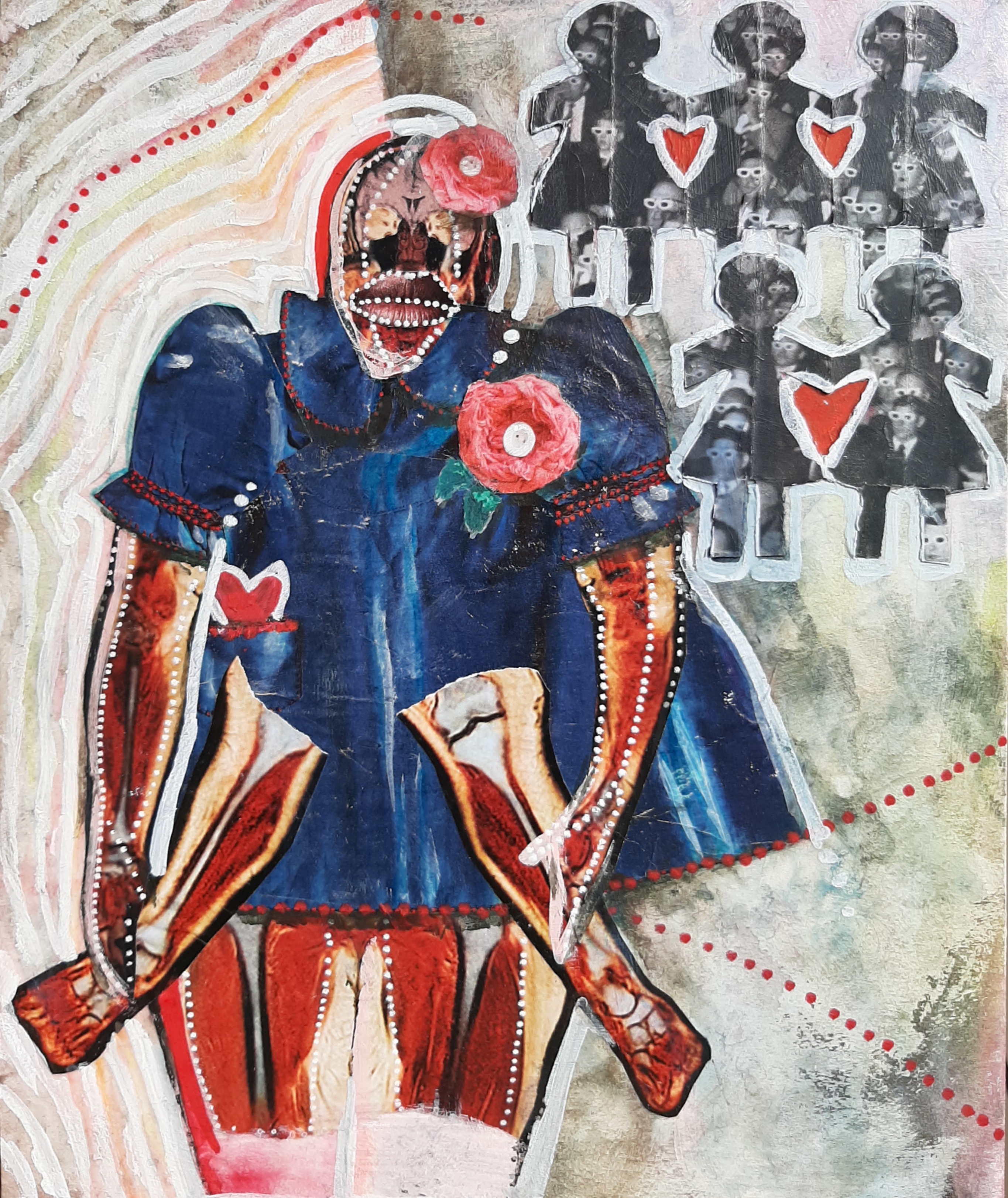 An abstract painting of a figure holding their legs