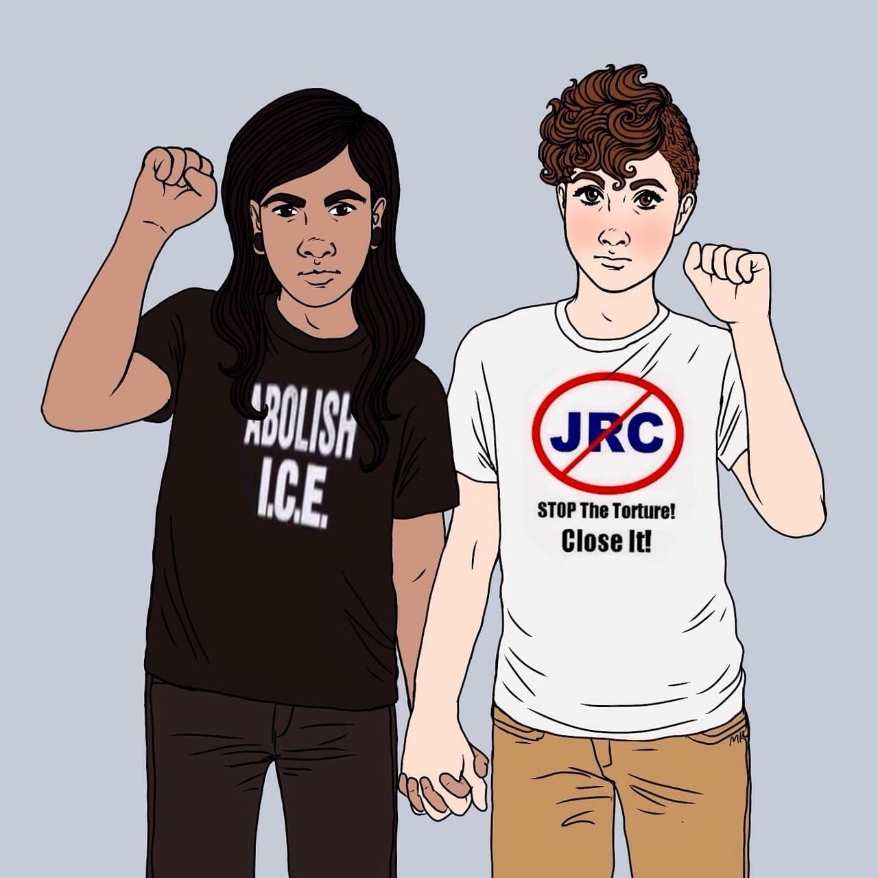 Two people holding hands, other hands raised in a fist. One shirt says "abolish ICE" and the other is "JRC" crossed out