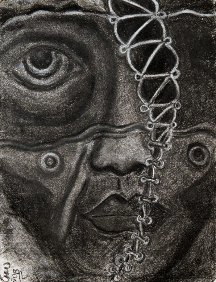 Distorted grayscale face with stitches through it