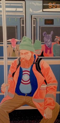 Red-haired man on a bus, mirror in background shows animal faces