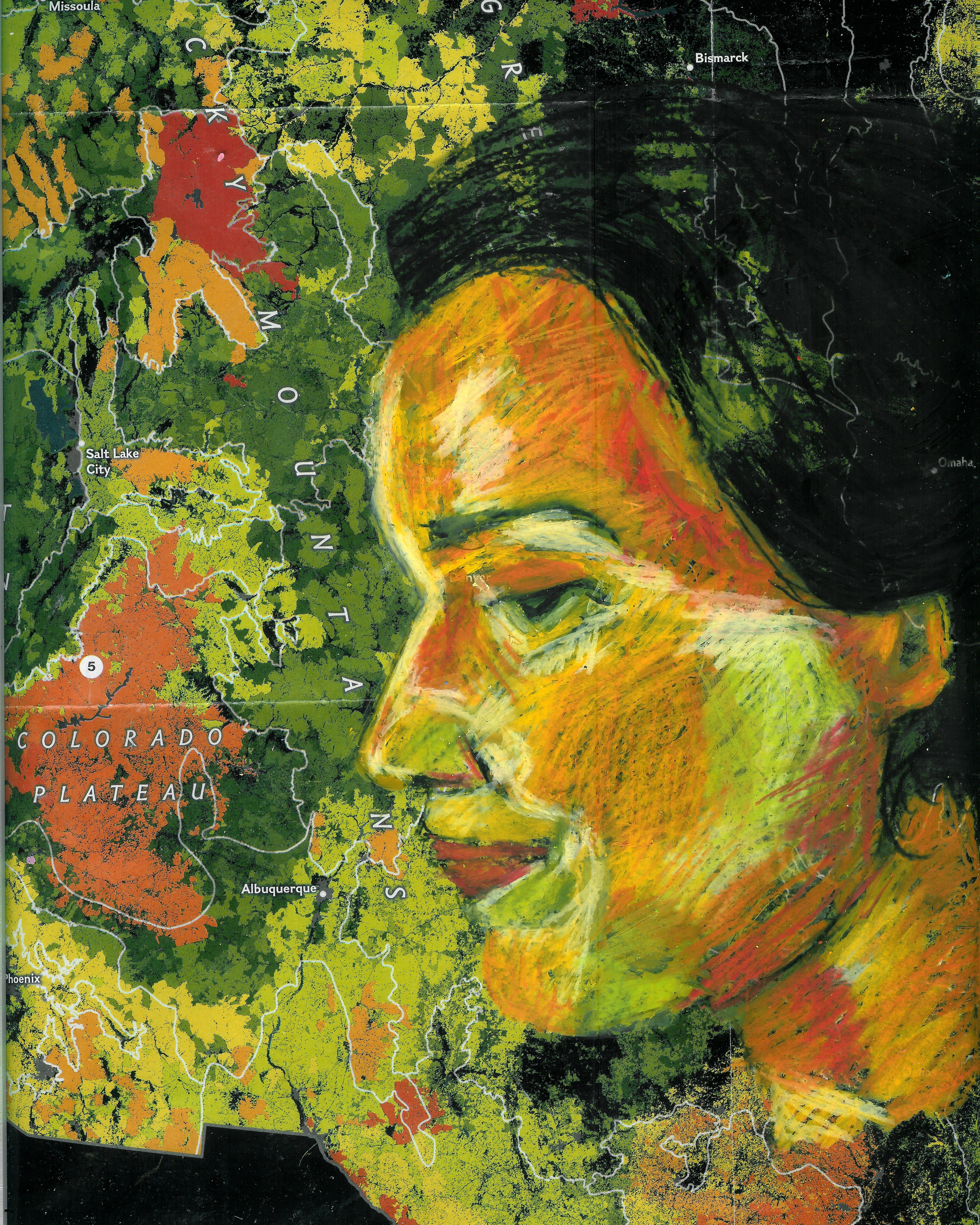 A painting of a woman with a map behind her.