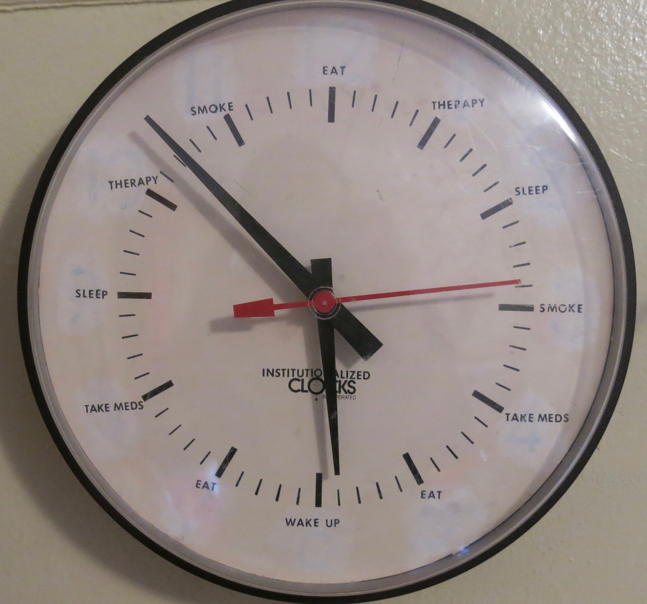 Image of a clock with different words related to psychiatry around it.