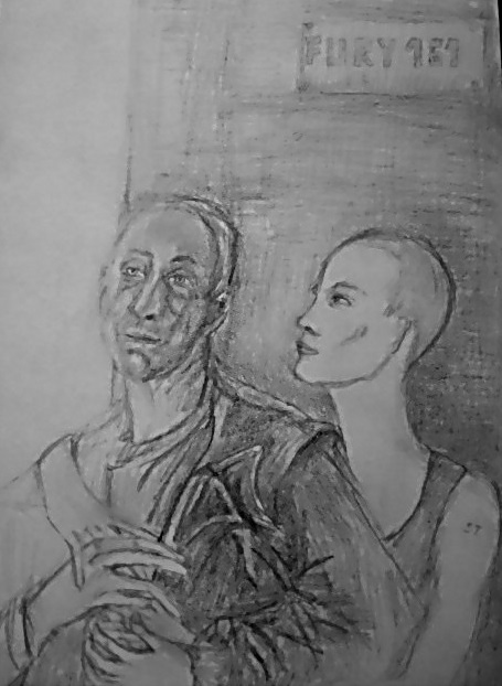 Person with arms wrapped around another person, grayscale