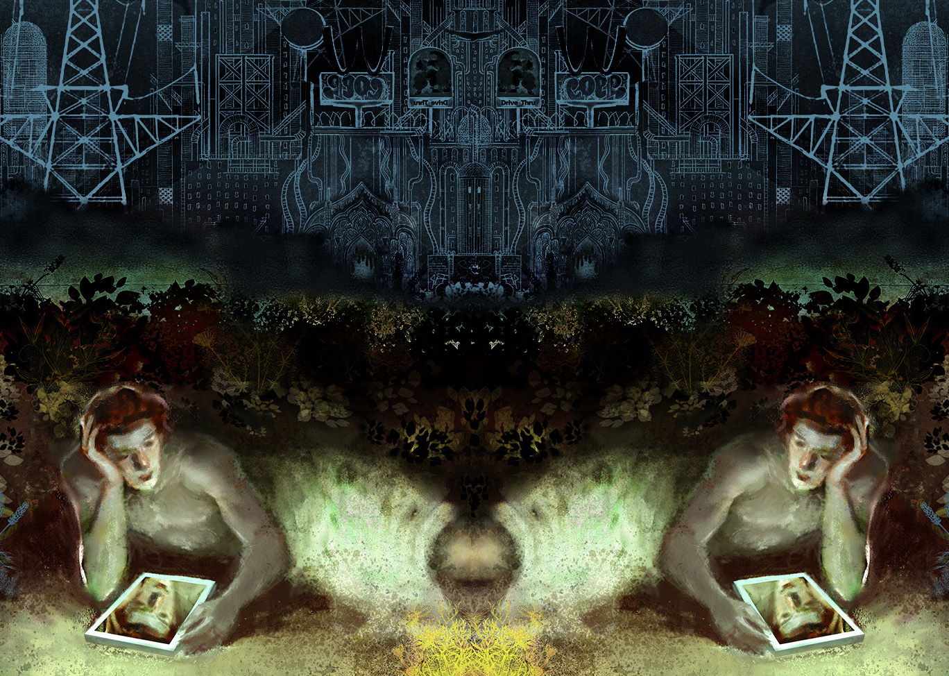 A painting of a man looking at his own image, with a mirror image of that scene to the right. Background of a cityscape