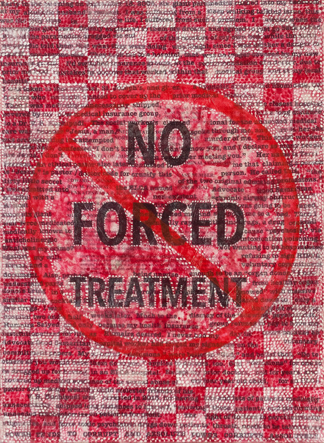 Red checkerboard background with text "NO FORCED TREATMENT" crossed out