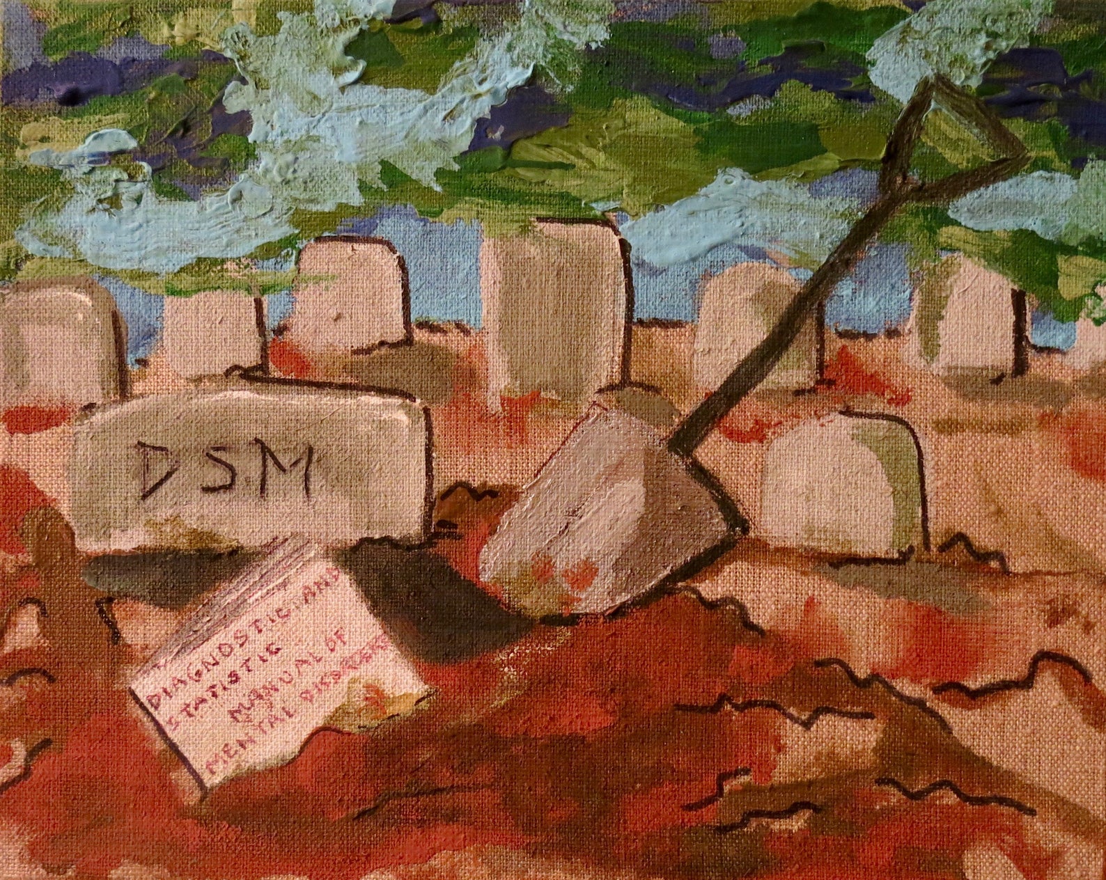 An image of a graveyard with some gravestones, one engraved with DSM