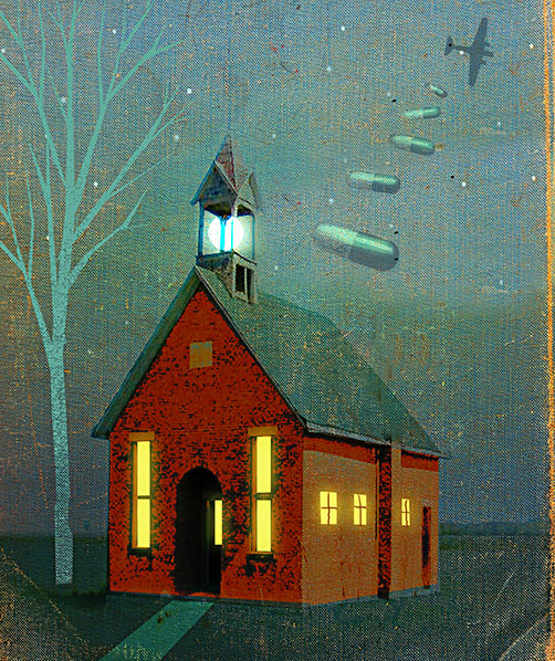 A painting of a church with pills being dropped on it from a plane like bombs