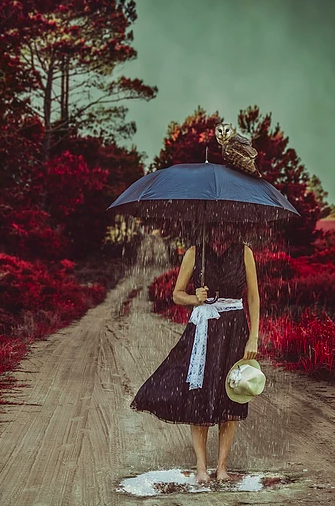Person with a black dress, holding an umbrella and white hat in a dirt road with red foliage