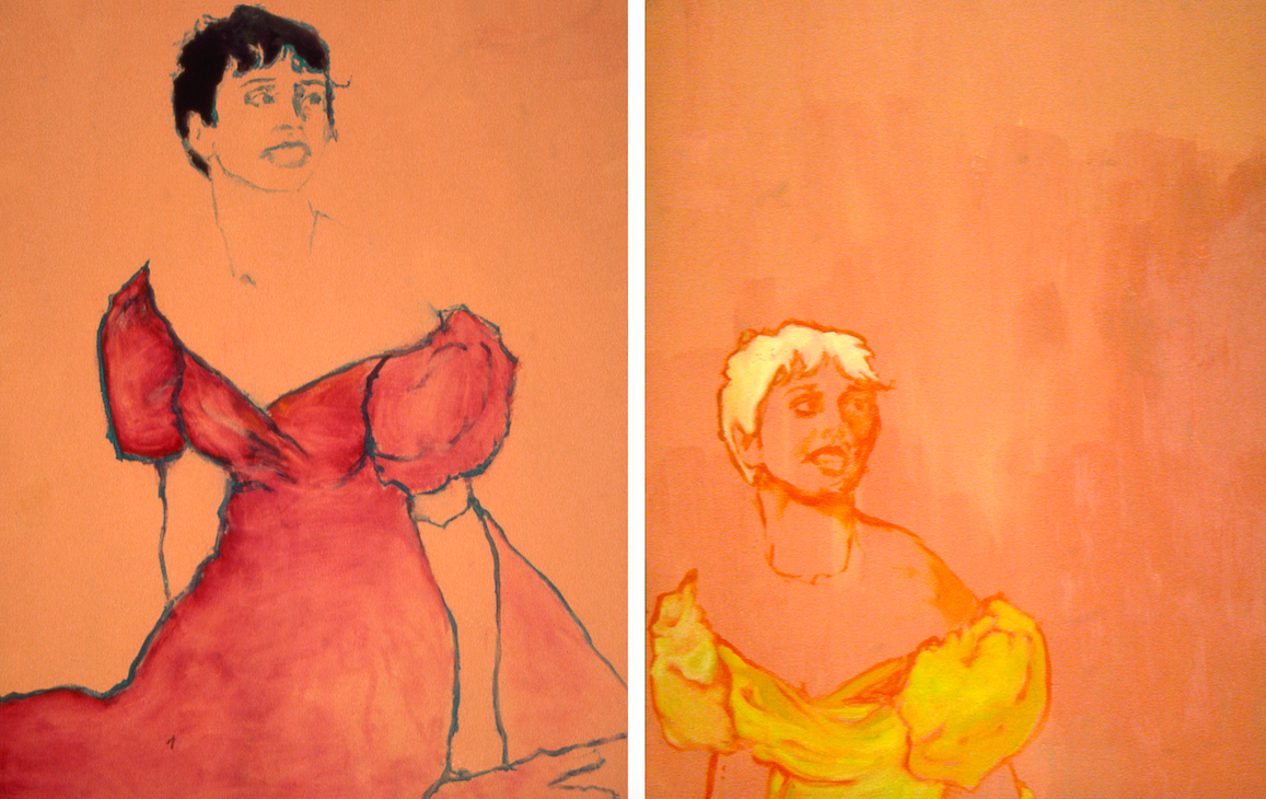 Person with short black hair smiling in red dress, mirrored in yellow dress