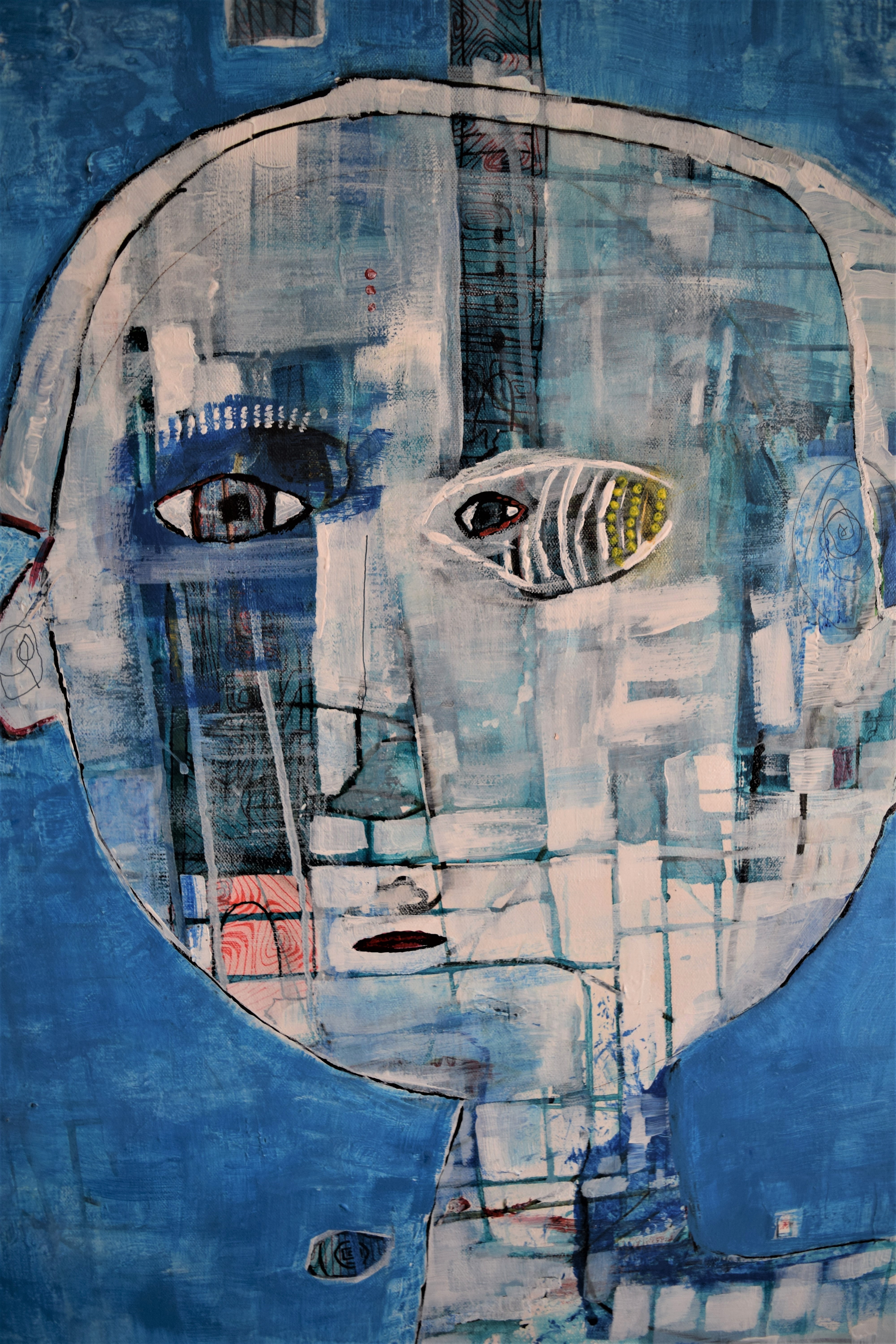 Abstract painting of a blue face