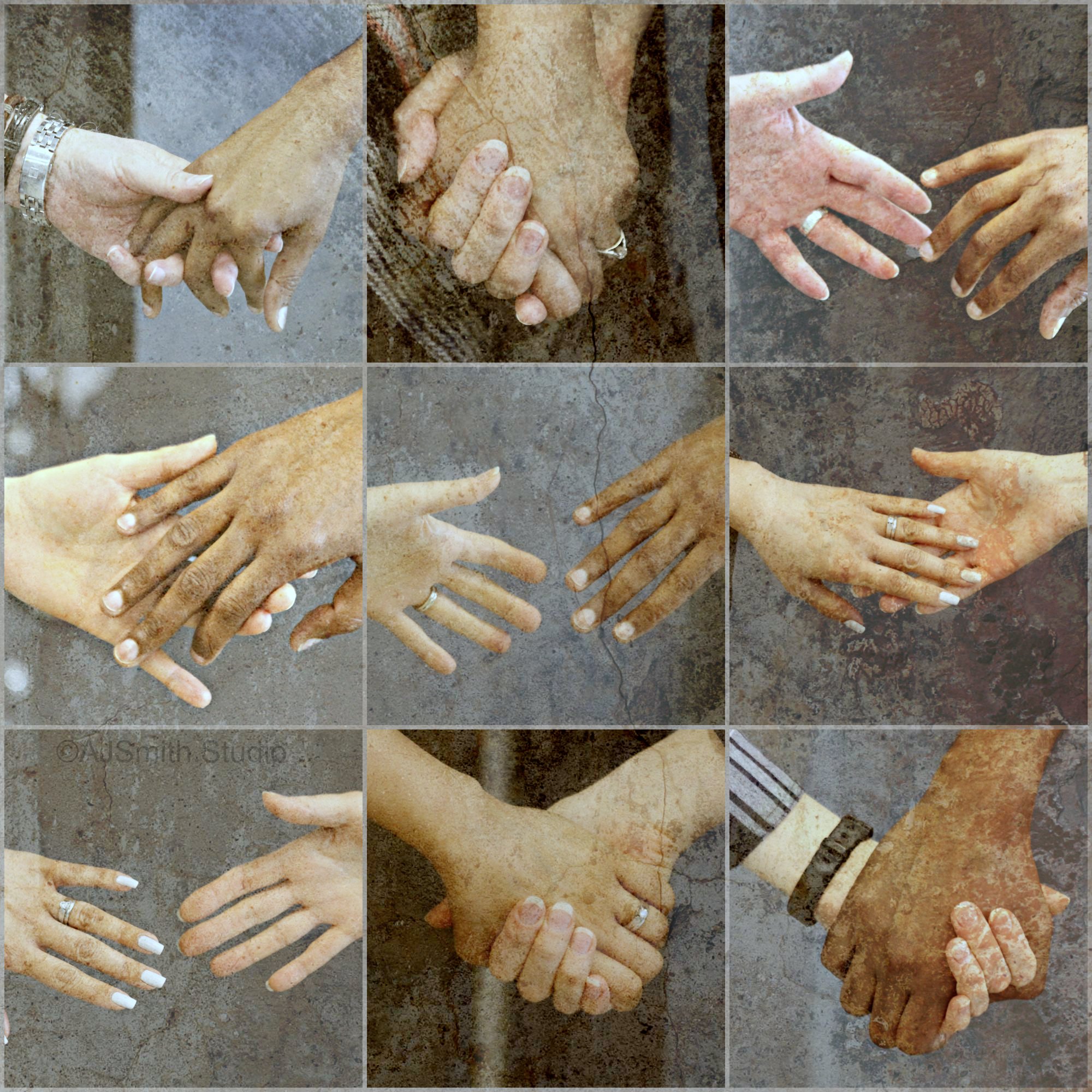 Collaged photographs of hands of people holding one another