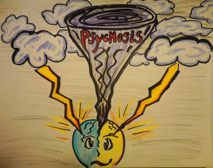 A cartoon of a person with a head that is half blue and half yellow, two lightning bolds hitting it and a hurricane raising up into clouds above it.
