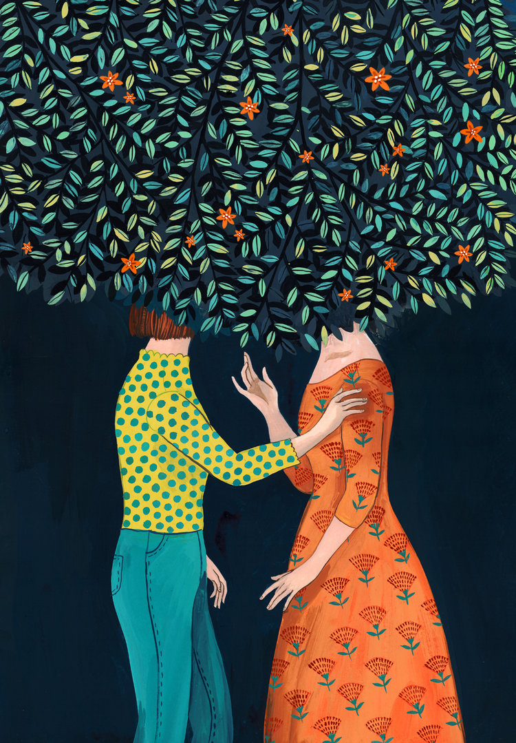 Two people, one in an orange floral dress and the other in jeans and a yellow shirt, faces covered by a blooming tree