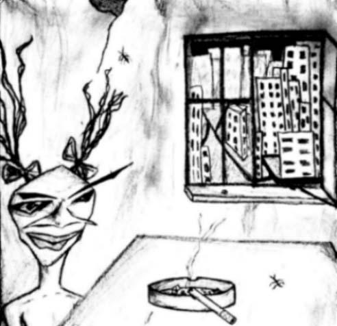 Distorted person, cigarette burning in ashtray, buildings outside a window