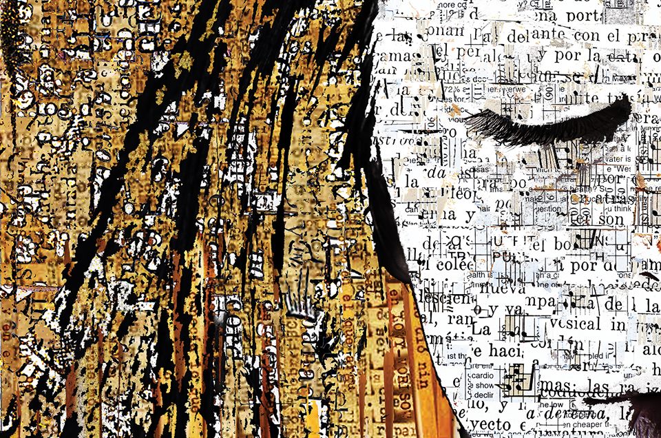 A collaged image of a person with their eyes closed made from newspaper and magazine clips