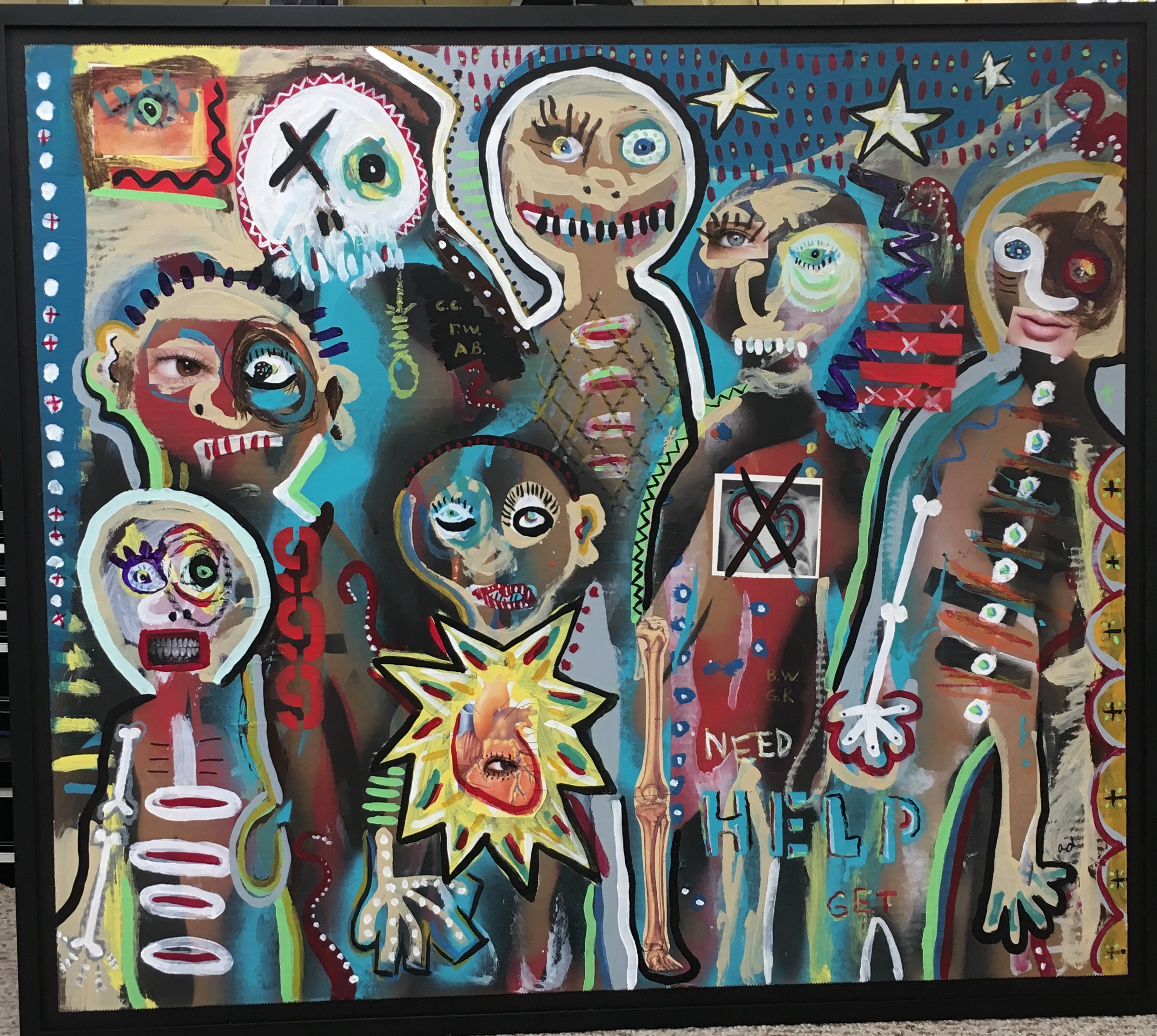 A colorful painting of many different types of cartoonish characters