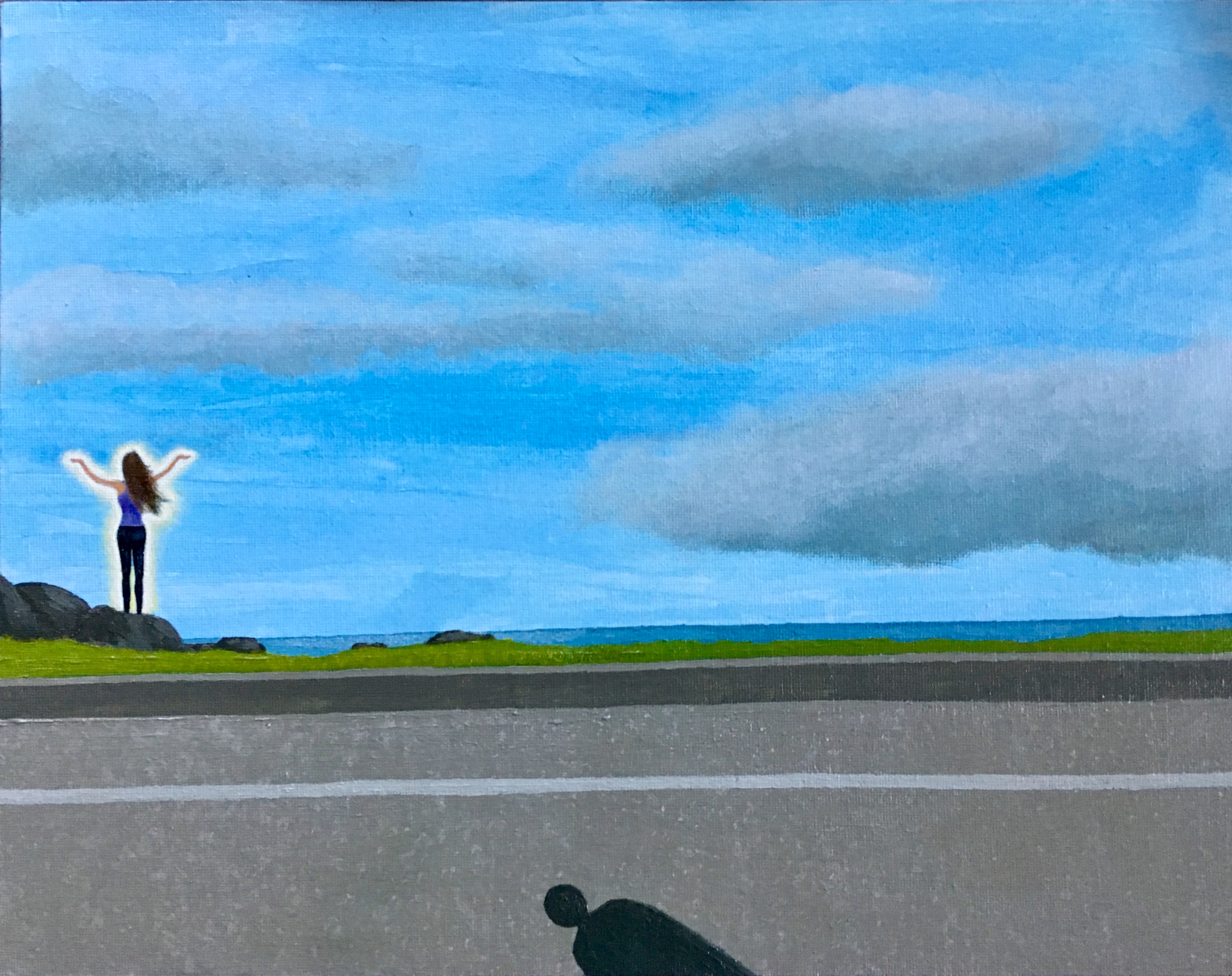 A painting of a road and sky with a shadow cast on the road